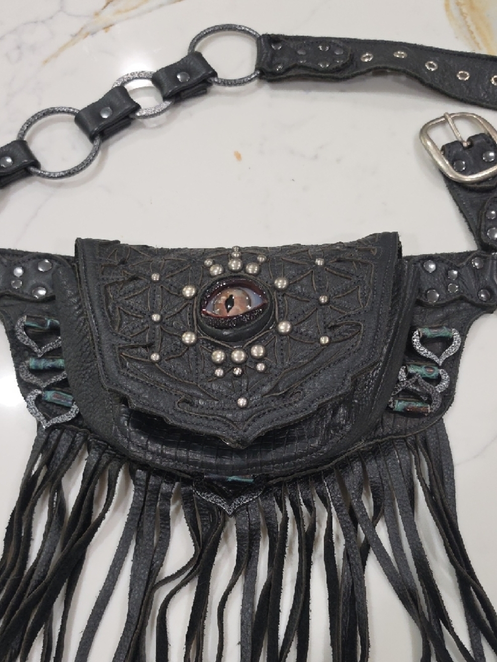 Black Fringe Leather Hip Belt with Decorative Rings - Picture 6 of 7